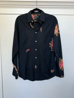 Guess Black Floral Accent Button-Up Shirt
